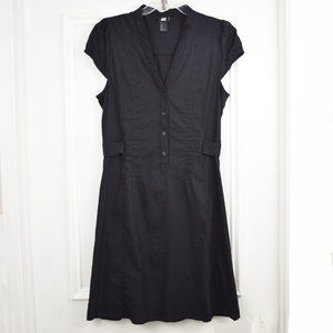 H&M Y2K Dress Women 14 Black Cap Sleeve Tie Back V Neck Half Button Stripe Goth